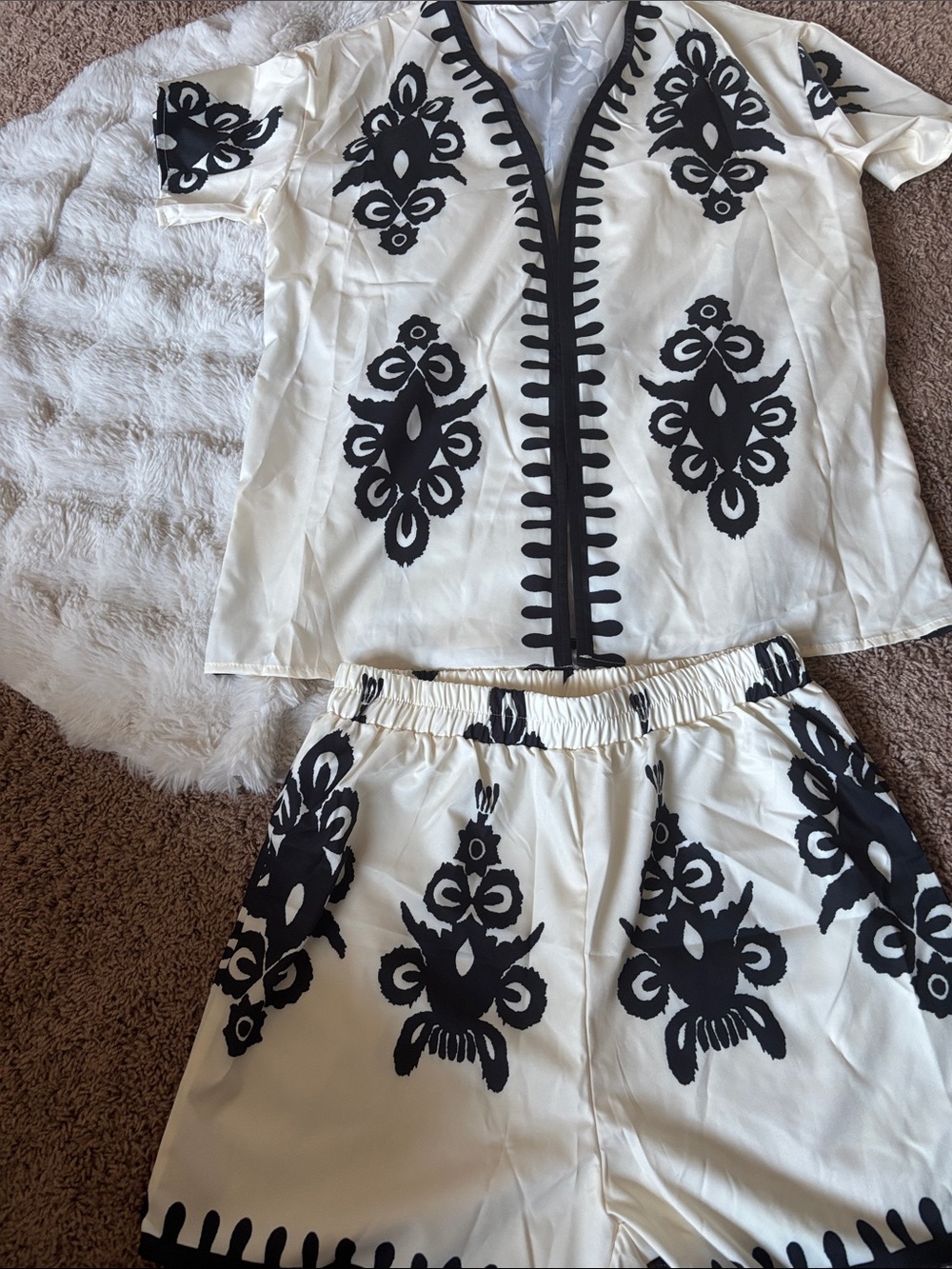 Women's Cream and Black Printed Shorts Set